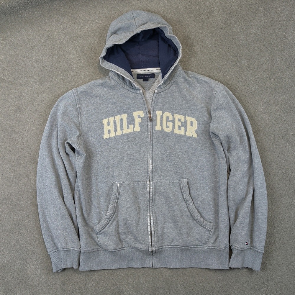Tommy Hilfiger Hoodie Mens Large Gray Zip Up Spellout Y2K Distressed Thrashed